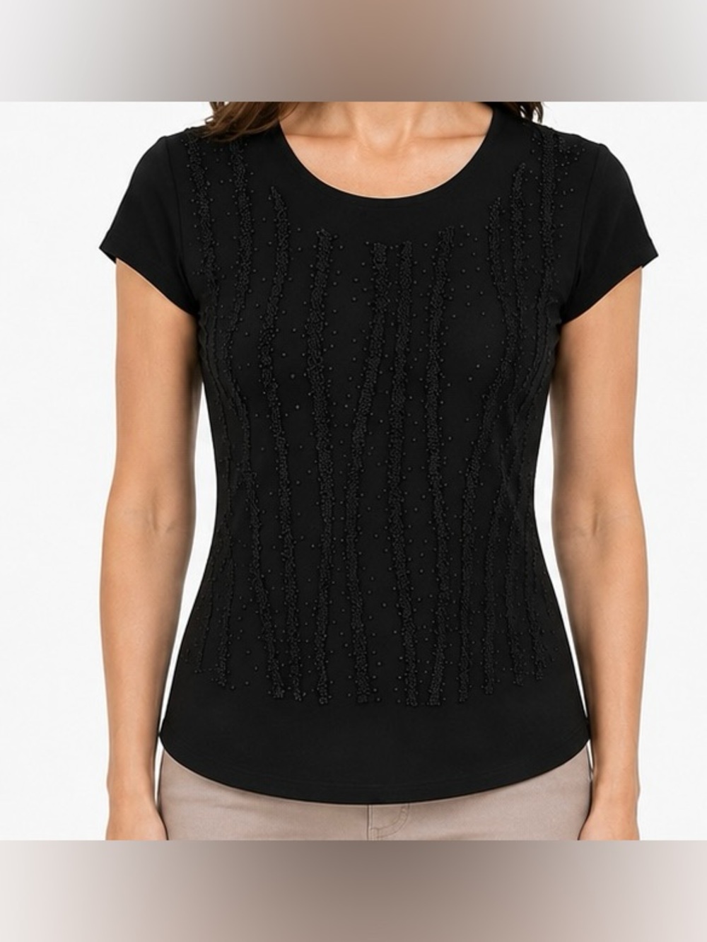 Bleeker & McDougal Black Microbeaded Short Sleeve Top Petite Small